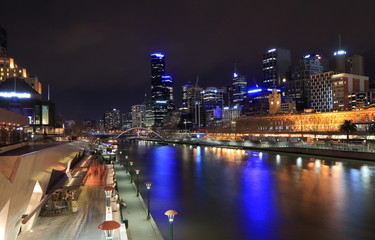 Melbourne night cityscape and Yarra river.