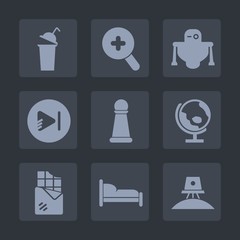 Premium set of fill icons. Such as web, chocolate, game, chess, food, sign, video, search, futuristic, spaceship, strategy, music, bar, bed, coffee, exploration, hot, cyborg, map, technology, bedroom