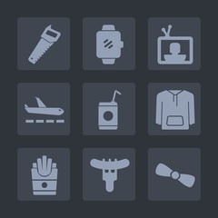 Premium set of fill icons. Such as mobile, tool, construction, potato, beverage, glass, flight, french, display, screen, wireless, smart, television, jacket, device, travel, touch, hotdog, video, saw