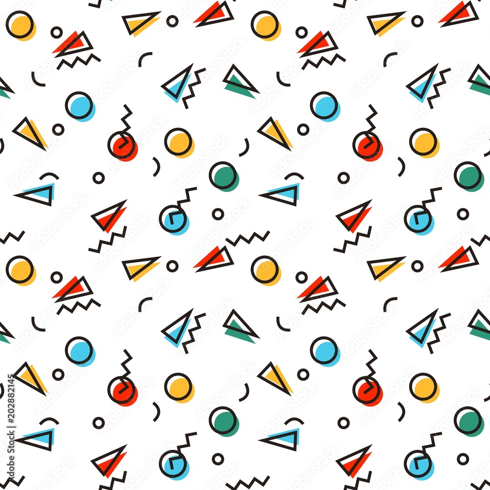 Poster seamless pattern with 80s memphis style geometric repeating ornament