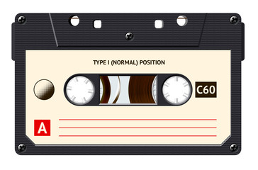 Cassette with retro label as vintage object for 80s revival mix tape design