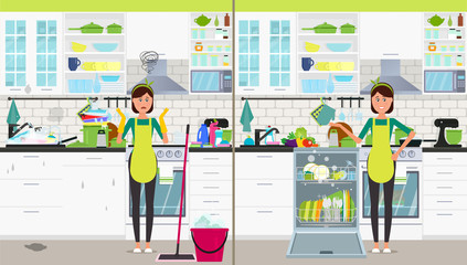 Naklejka na ściany i meble A woman in the kitchen with a dishwasher and without. Vector flat illustration.