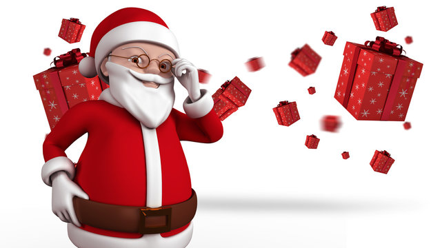 Cute cartoon santa claus against flying christmas presents