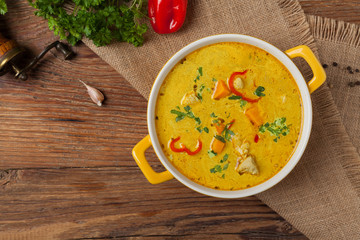 Sweet potato soup with chicken and lentils.