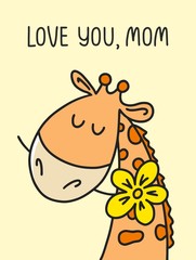 Mothers Day holiday card with cute giraffe. Cartoon vector flat illustration
