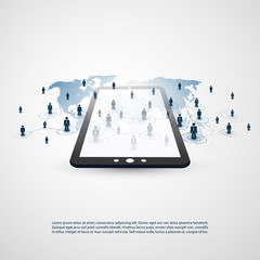 Networks - Business Connections - Abstract Cloud Computing and Global Network Connections Concept Design with World Map and Tablet - Illustration in Editable Vector Format