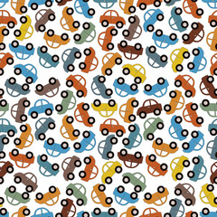 Fototapeta premium Seamless pattern background with color cartoon car. Toy transport vector illustration. Coloring cute automobile.