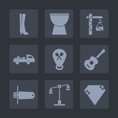 Premium set of fill icons. Such as restaurant, gem, flash, map, van, building, drill, transport, pointer, saw, shipping, percussion, music, justice, balance, construction, hammer, pin, drum, judge