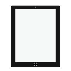 Black tablet with blank grey screen on white background, vector.