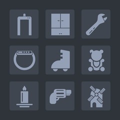 Premium set of fill icons. Such as health, time, tool, sport, roller, diagnostic, scanner, handgun, weapon, skating, sign, power, fluffy, watch, xray, closet, machine, decoration, light, firearm, mill