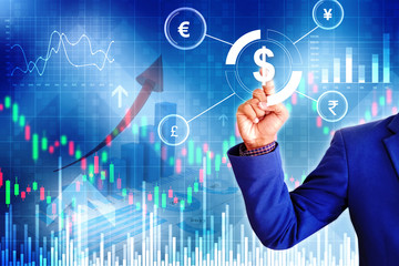 Businessman on digital stock market financial positive indicator background,  financial investment concept. Economy trends background, Abstract finance background