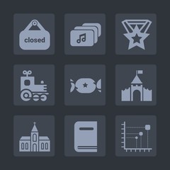 Premium set of fill icons. Such as food, data, library, video, music, diagram, shop, religious, medal, sign, red, candy, success, church, toy, medieval, kid, door, retail, sweet, castle, internet, web