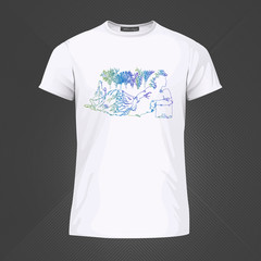 Original print for t-shirt - Androgyn relaxing and smoking shisha with forrest lanscape in background. World of Woman art series. Vector Illustration