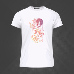 Original print for t-shirt - Dancing woman with tambourine. World of Woman graphical art series. Vector Illustration