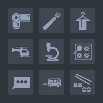 Premium set of fill icons. Such as digital, sushi, speed, kitchen, gas, sign, biology, knife, fashion, technology, message, transport, oven, hang, photographer, science, shop, clothing, hanger, fork