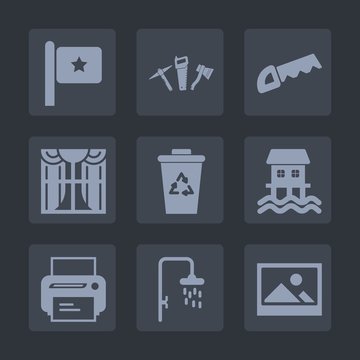 Premium set of fill icons. Such as america, saw, tool, print, curtain, bath, home, house, technology, houseboat, flag, trash, nation, wrench, interior, hammer, picture, national, apartment, boat, work
