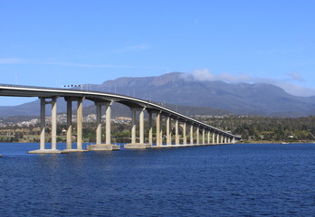 Mt Wellington and Tasman bridge view from Rose bay Hobart Tasmania Australia