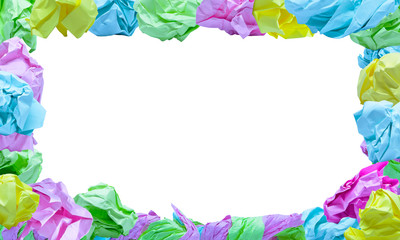 many wrinkled color  paper frame on white background, clipping path.