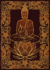 Buddha sitting on a Lotus flower and meditating in the single lotus position. Decorative rectangular Thai style frame. Golden linear drawing isolated on dark brown background EPS10 vector illustration