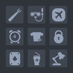 Premium set of fill icons. Such as fashion, lamp, coffee, hot, plane, security, clothes, hour, drink, fork, air, sea, summer, sign, minute, lock, knife, play, cup, shirt, beach, table, restaurant