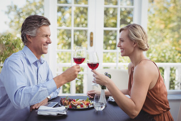 Happy couple toasting wine glass while having meal