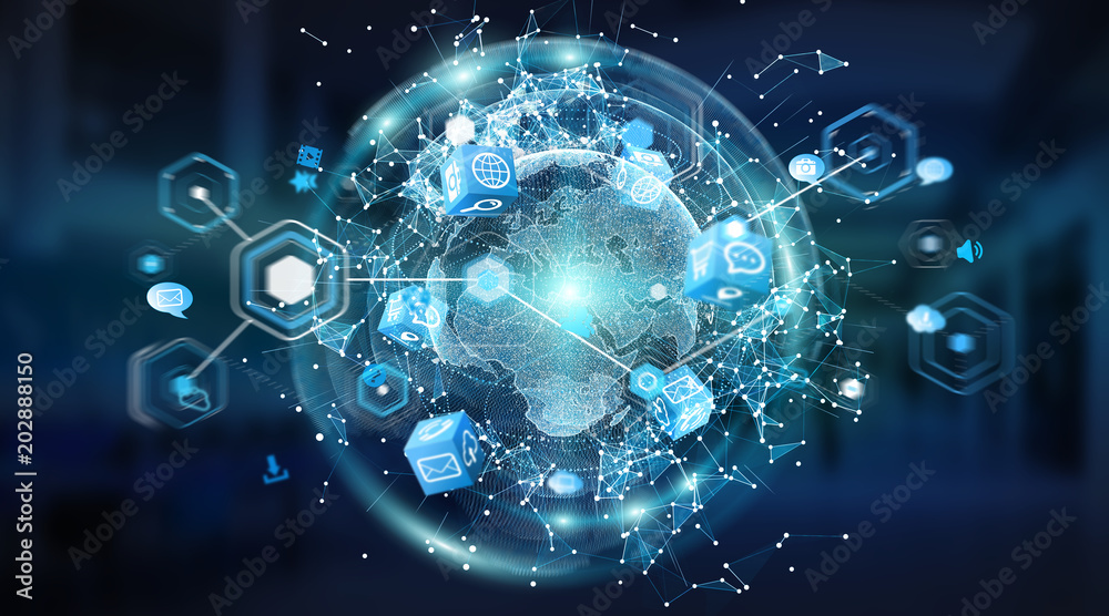 Wall mural connections system global world view 3d rendering