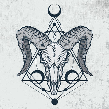 Ram skull in engraving graphic, ink technique. Vector illustration of ram skull with sacred geometry shapes on grunge background. Good for posters, t-shirt prints, tattoo design.