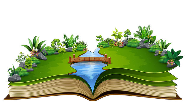 Open book with river and green plant of nature background