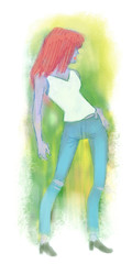 Fashion illustration of a young girl in casual wear