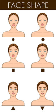 Face shapes guide. Vector illustration of pretty young female. Individual appearance of different face shapes. Make up or eyewear fitting guide. 