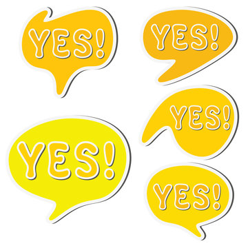Set of yellow sticker speech bubbles and word yes isolated on white background. Vector illustration.