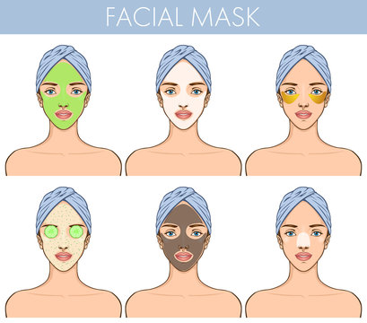 Facial mask chart. Vector illustration of young pretty woman with bath towel on her head. Skin care template, beauty mask guide, spa fecial treatments, face care guide. 