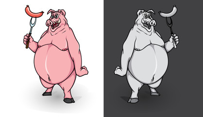 Pig mascot. Vector handcrafted illustration of pig holding a sausage on fork. Good for party invitations, food festivals, picnic events, banners, stickers, t-shirts and posters. 