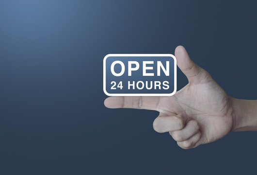 Open 24 hours icon on finger over light gradient blue background, Business full time service concept