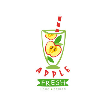 Original vector label with halves of apple and leaves in glass. Healthy fruit drink. Natural product. Vegan nutrition. Logo for juice packaging