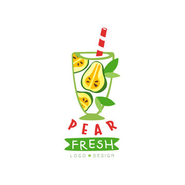 Creative label with glass of fresh fruit beverage. Natural drink from ripe pear. Vegan nutrition. Hand drawn vector emblem