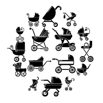 Baby carriage icons set. Simple illustration of 16 baby carriage vector icons for web