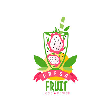 Original logo with halves of ripe pitaya in glass. Juice form tropical dragon fruit. Natural and tasty beverage. Hand drawn vector emblem