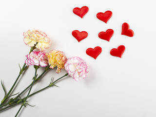 White and pink flower background next to yellow flowers and hearts on white background. Copy space. Mockup.