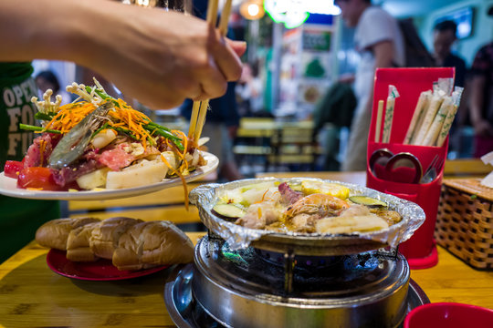 Seafood in Hanoi Bia Hoi corner in Vietnam