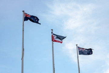 Maori And New Zealand Flags Flying in Sky 