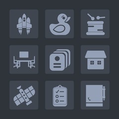 Premium set of fill icons. Such as musical, child, rocket, drum, shuttle, instrument, bath, card, check, rubber, home, duckling, checklist, cute, notepad, music, house, business, planet, spaceship, id