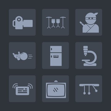 Premium set of fill icons. Such as sport, ninja, photography, equipment, japanese, home, ball, biology, lens, technology, drum, sound, music, tv, instrument, sword, pendulum, photo, food, sign, pin