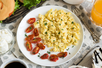 A rich and varied breakfast. Flat lay.