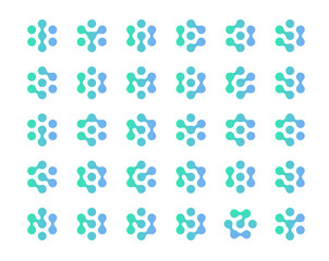 Innovation technology seal set. Isolated biology, chemistry concept logo. AI logotype collection. Pharmacy ad medical business industry logos. Blue abstract dots, medical science, vector illustration