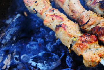 Shashlik, cooked over an open fire on the coals
