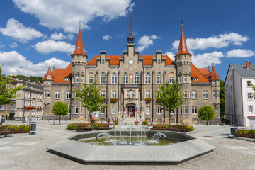 Town hall and Magistrat Square of Walbrzych, Waldenburg city, Lower Silesia, Poland.