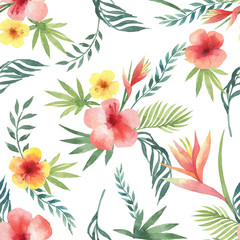 Watercolor seamless pattern of tropical leaves and bright hibiscus flowers isolated on white background.
