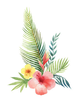 Watercolor vector bouquet tropical leaves and branches isolated on white background.