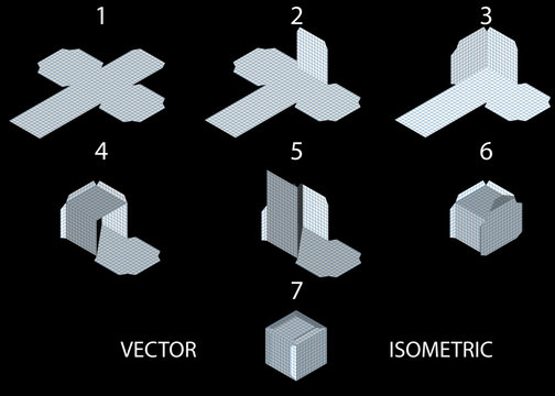Instructions for creating a cube from a sheet of paper. The paper model of the cube is isometric.